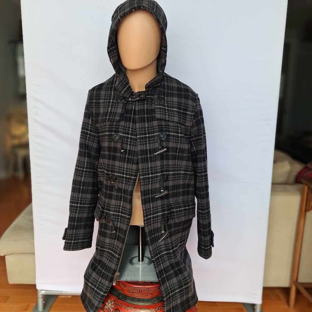 Perry Ellis Mens Grey Plaid Wool Blend Hooded Duffle Coat Toggle Zip Front Small